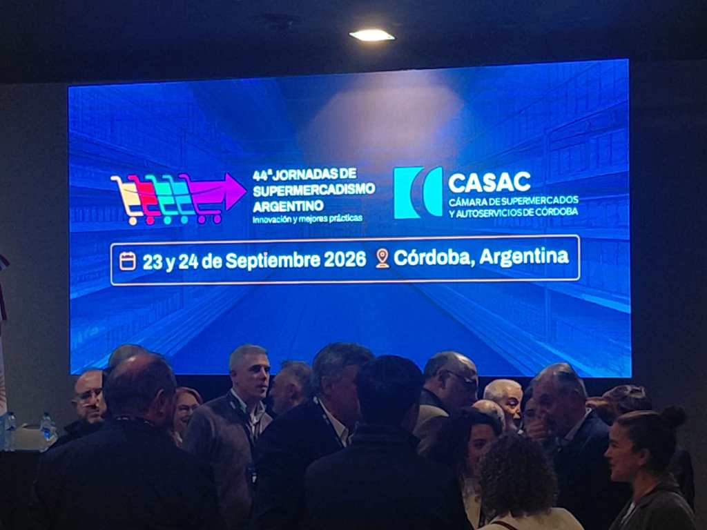 Pantalla de presentación de las 44° Jornadas de Supermercadismo Argentino en Córdoba, con fecha y logo de la Cámara de Supermercados y Autoservicios de Córdoba (CASAC).
