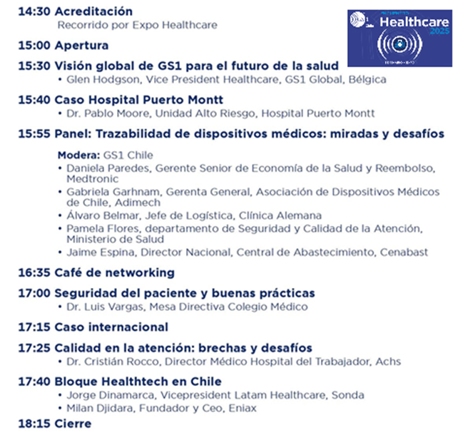 Programa del Encuentro Healthcare 2025 que incluye horarios y actividades de la jornada.
